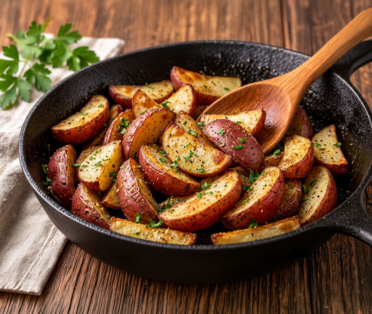 Oven-roasted red potato wedges with parsley in a cast iron skillet with a wooden spoon
