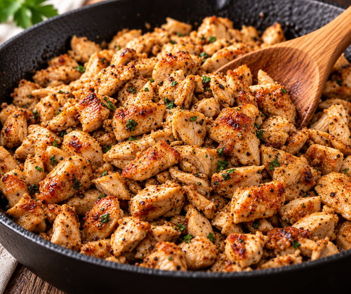Seasoned grilled chicken bites in a cast iron skillet with a wooden spoon