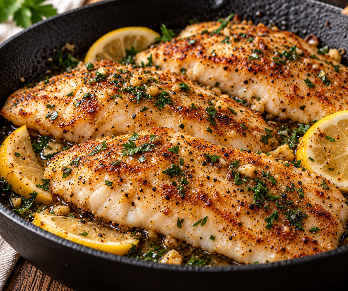 Seared seasoned white fish fillets with lemon and parsley in a cast iron skillet