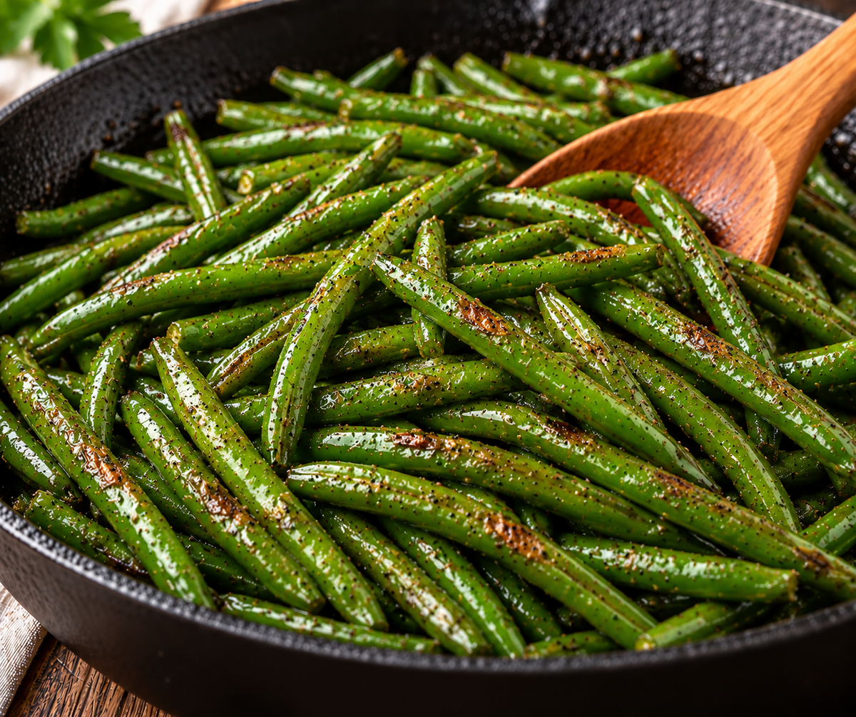 Garlic seasoned green beans in a cast iron skillet with a wooden spoon