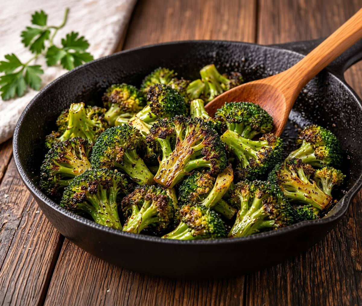 Roasted broccoli florets with charred edges in a cast iron skillet with a wooden spoon