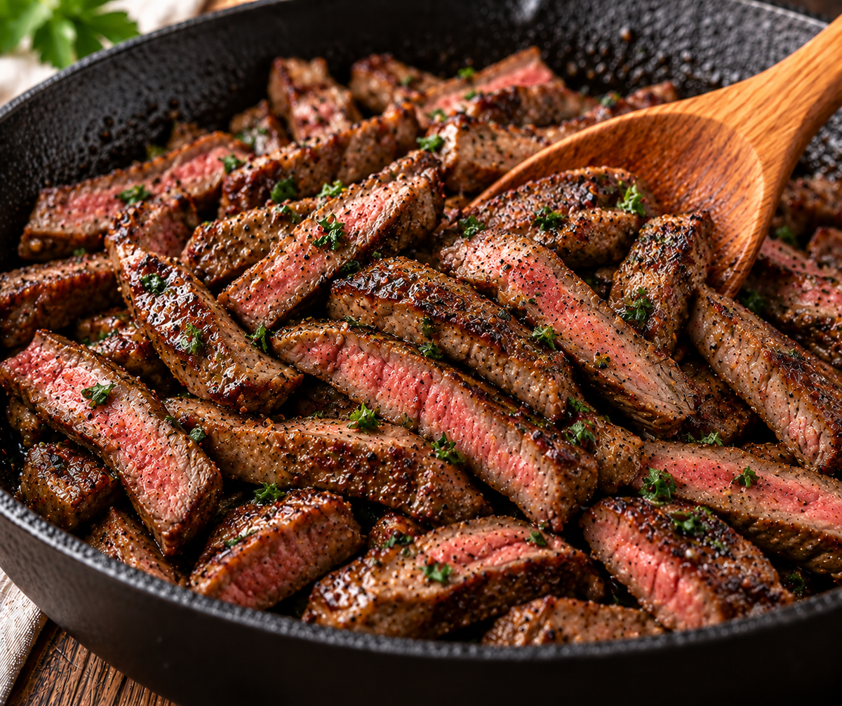 Grilled seasoned steak strips in a cast iron skillet with a wooden spoon