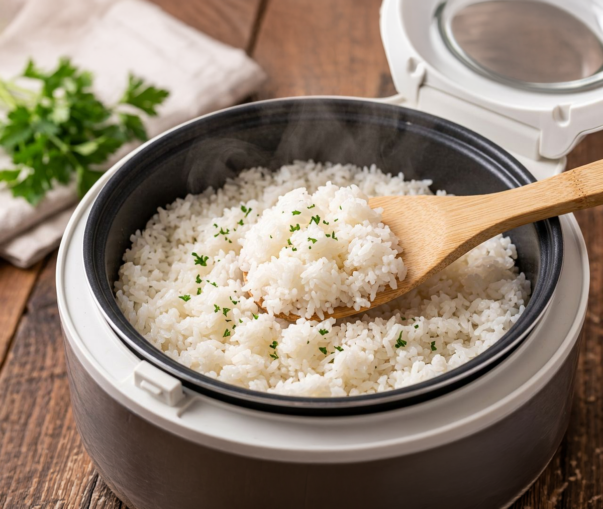 Fluffy steamed white rice in an open rice cooker with a bamboo rice paddle