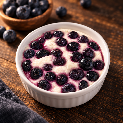 Blueberry Protein Cheesecake with ingredients in the background