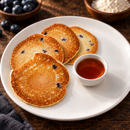 Blueberry Protein Pancakes with ingredients in the background