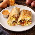 Breakfast Burrito Sausage, Egg, Potato, and Cheese with ingredients in the background