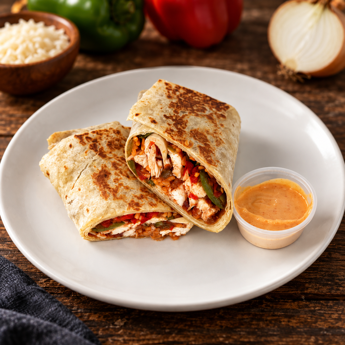 Chicken Burrito with ingredients in the background