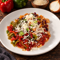 Chicken Fajitas Spanish Rice with ingredients in the background