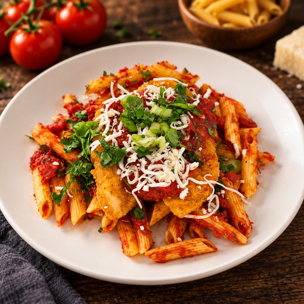 Chicken Parmesan w/Pasta with ingredients in the background