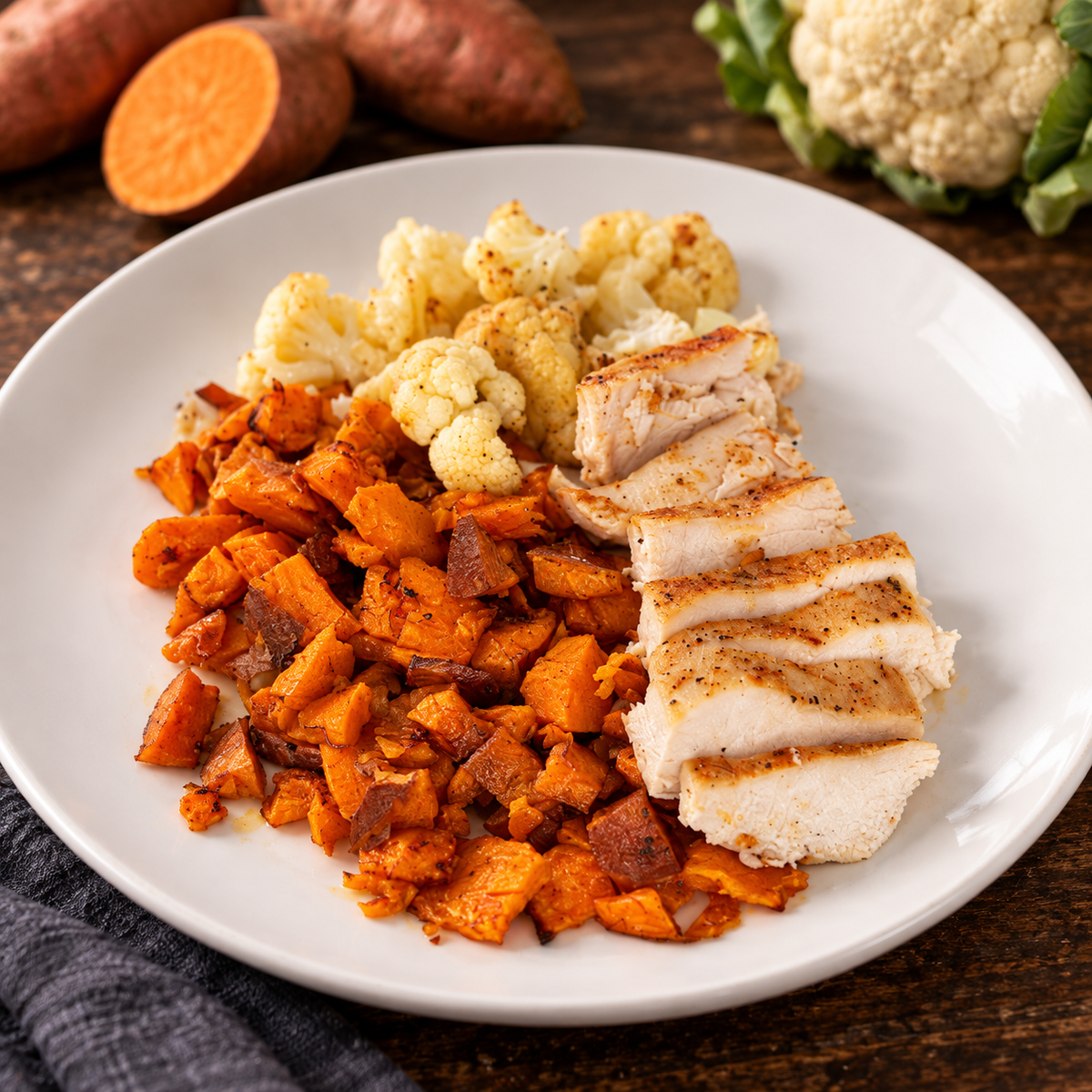 Chicken Yams Cauliflower with ingredients in the background
