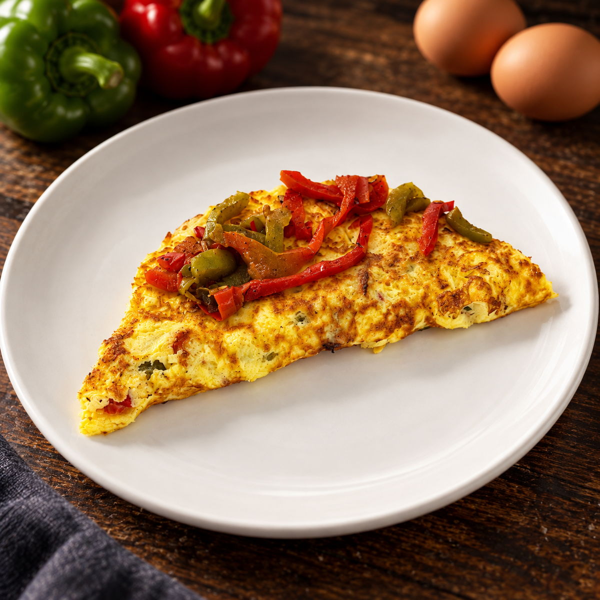 Egg Omelet and Peppers with ingredients in the background