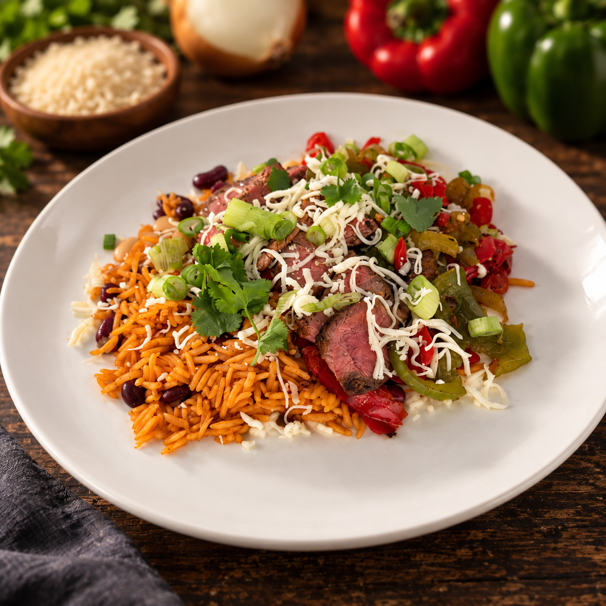 Fajita Steak with Spanish Rice with ingredients in the background