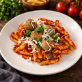Grandma Turkey Meatball Pasta with ingredients in the background