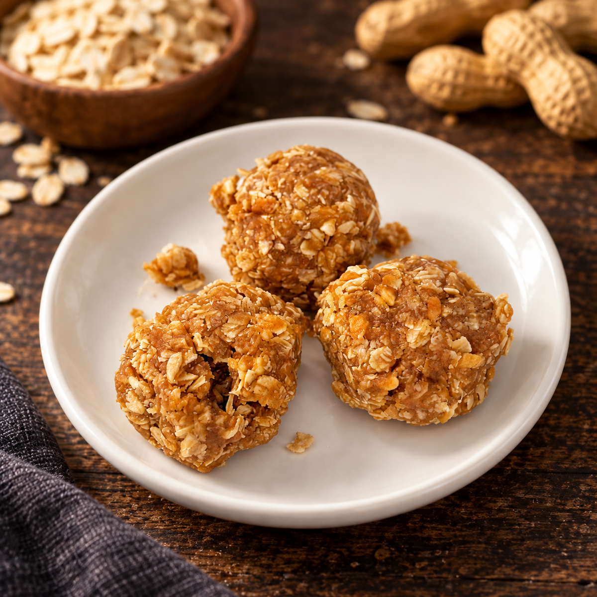 Peanut Butter Protein Balls with ingredients in the background