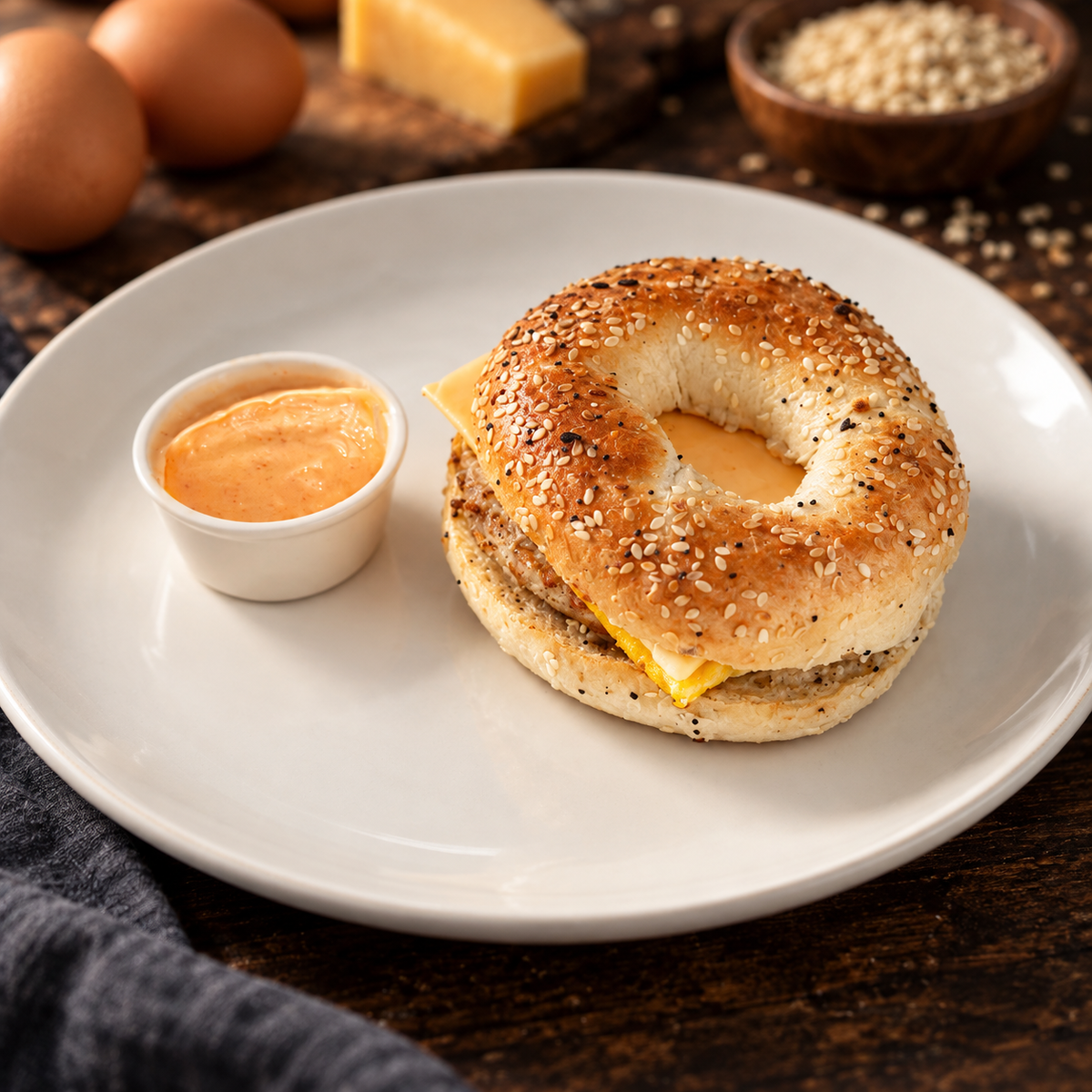 Sausage Egg and Cheese Bagel with ingredients in the background