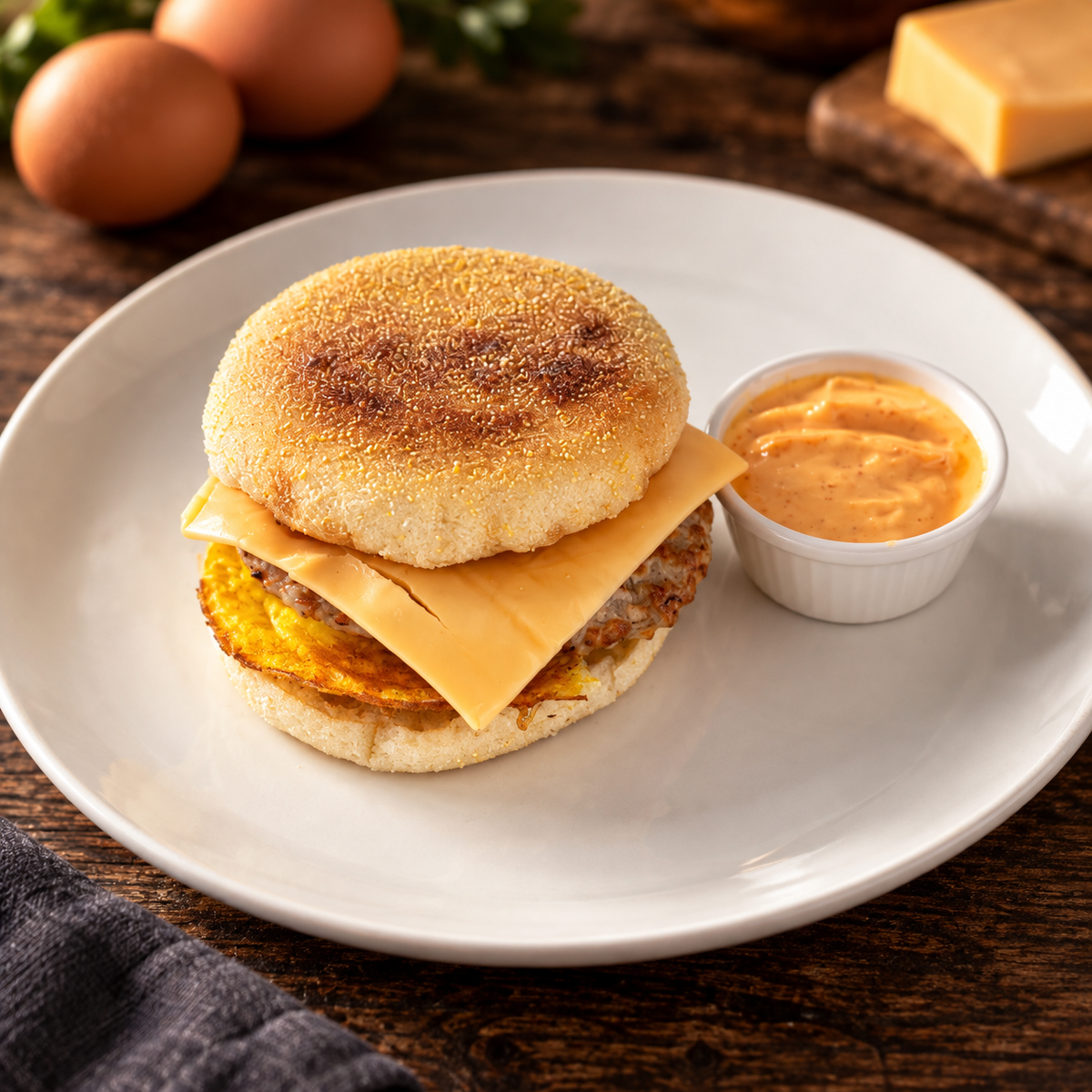 Sausage Egg and Cheese Muffin with ingredients in the background