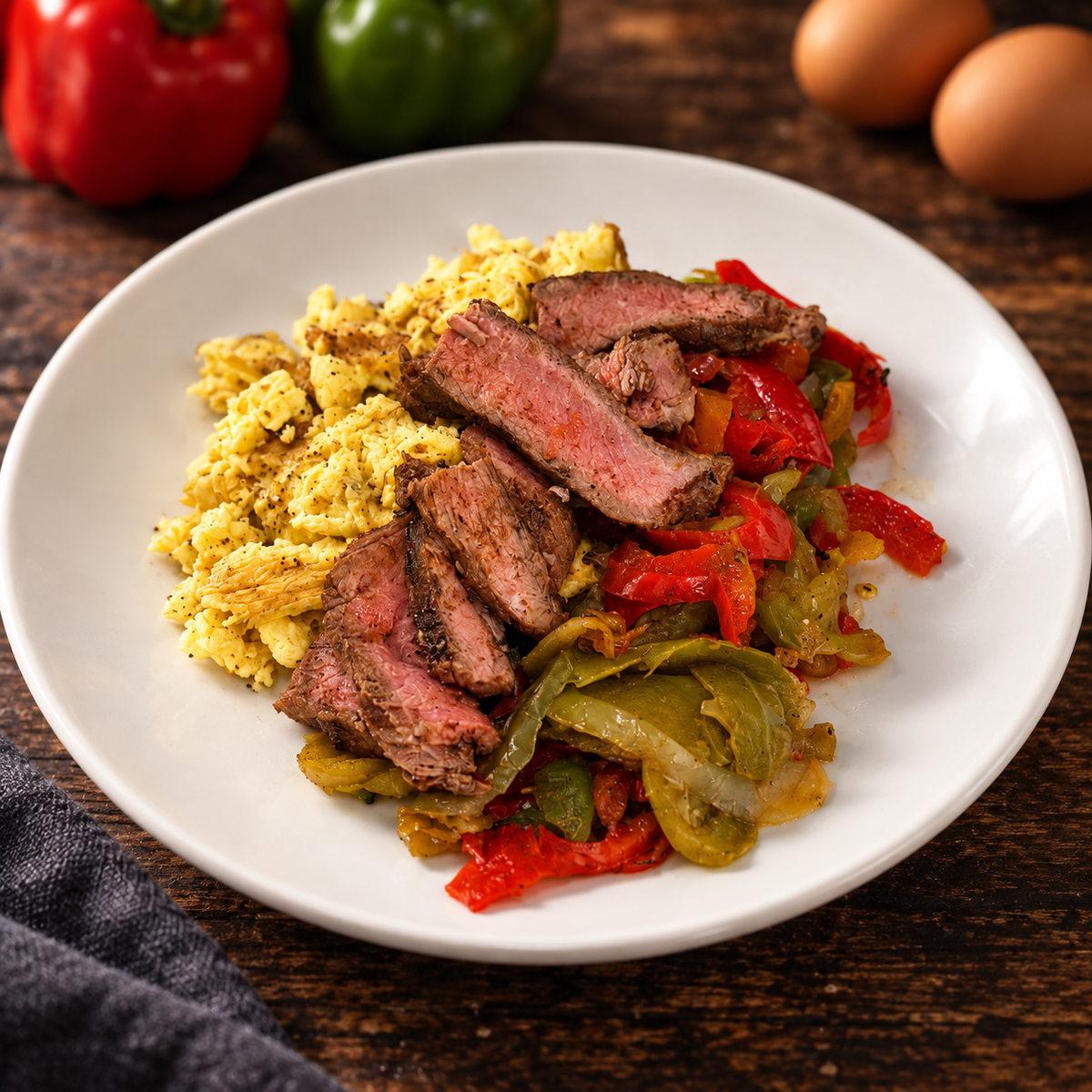 Steak and Egg Bowl with ingredients in the background