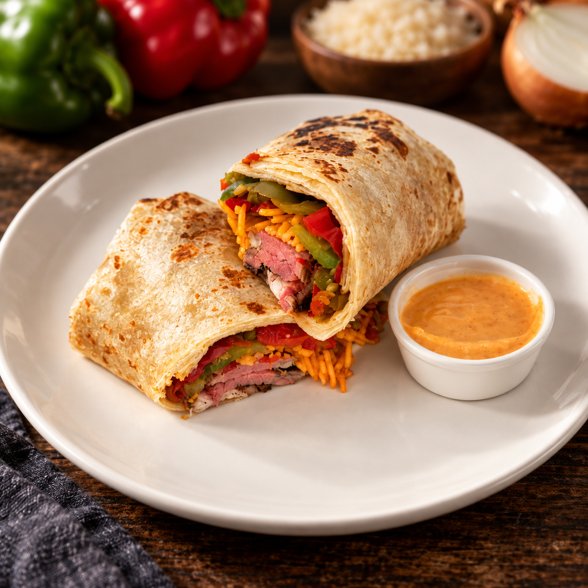 Steak Burrito with ingredients in the background
