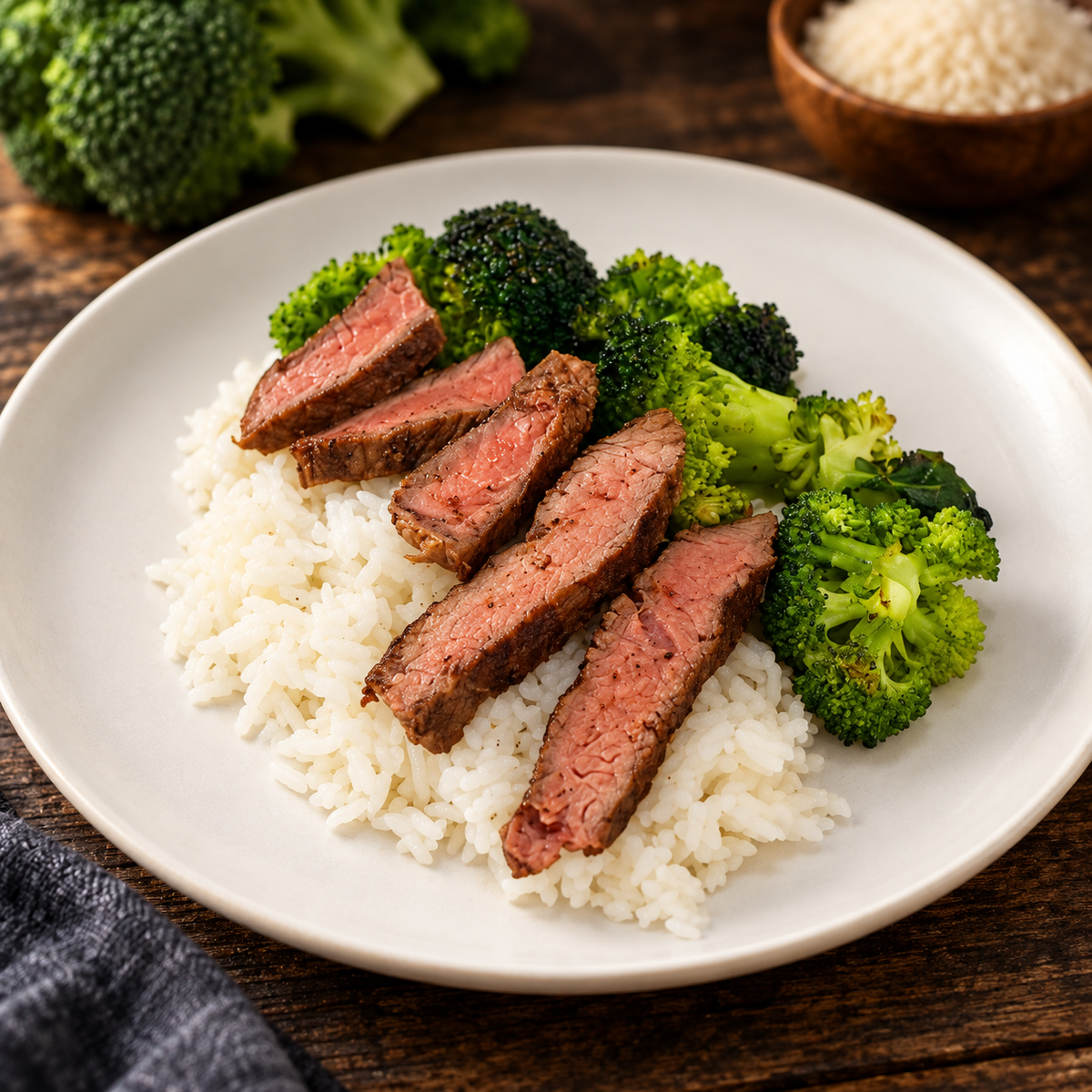 Steak Rice Broccoli with ingredients in the background