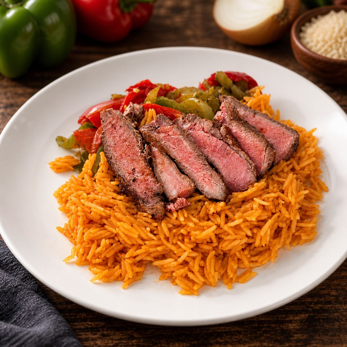 Steak W/ Spanish Rice with ingredients in the background