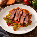 Steak Yam Peppers with ingredients in the background