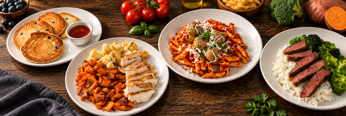 Stacked Meals spread of blueberry pancakes, chicken with yams and cauliflower, turkey meatball pasta, and steak with rice and broccoli, with fresh ingredients on a rustic wooden table